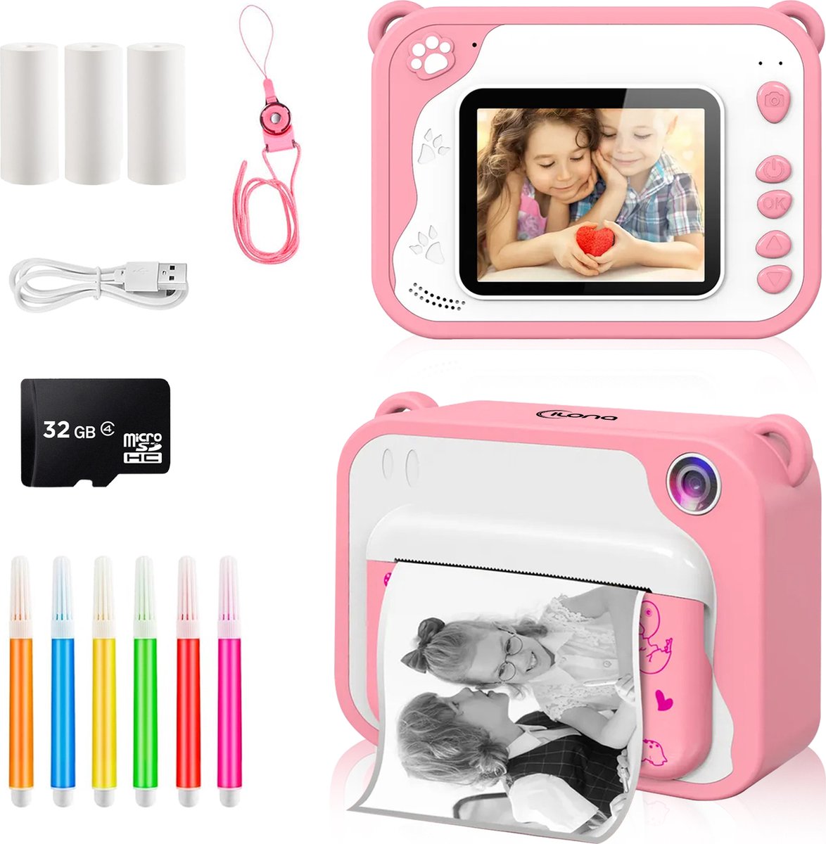  ® 3 IN 1 Digitale Kindercamera met Fotoprinter + Instant print + speelcamera | 32GB micro sd kaart | camera kinderen | Vlogcamera met games | Fototoestel voor Kinderen | Klein Formaat Speelgoed | Met videofunctie | Roze